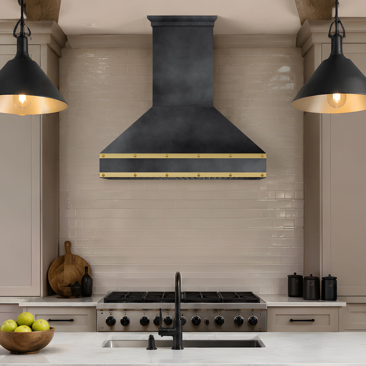Artisan Custom Dark Zinc Range Hood with Brass Trim ATHZ-01