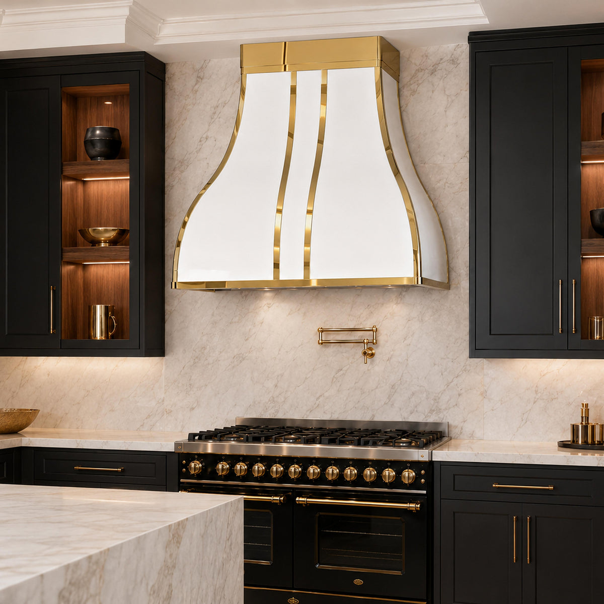 Artisan Custom White Stainless Steel Kitchen Hood with Brass Trims ATHS-06